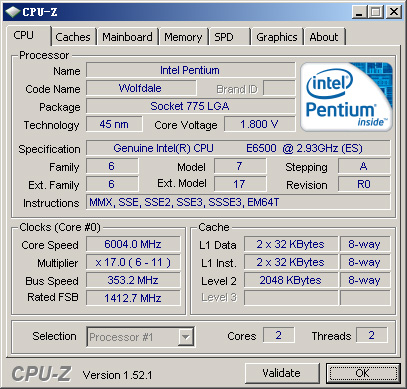 Intel Pentium E6500K auf 6 GHz übertaktet
